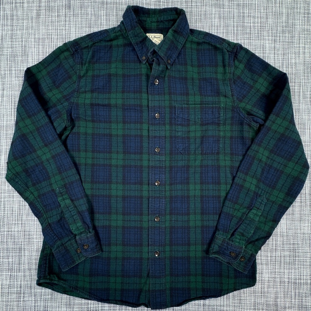 LL Bean Mens Medium Slim Fit Black Watch Plaid Flannel Shirt Cotton Button Down